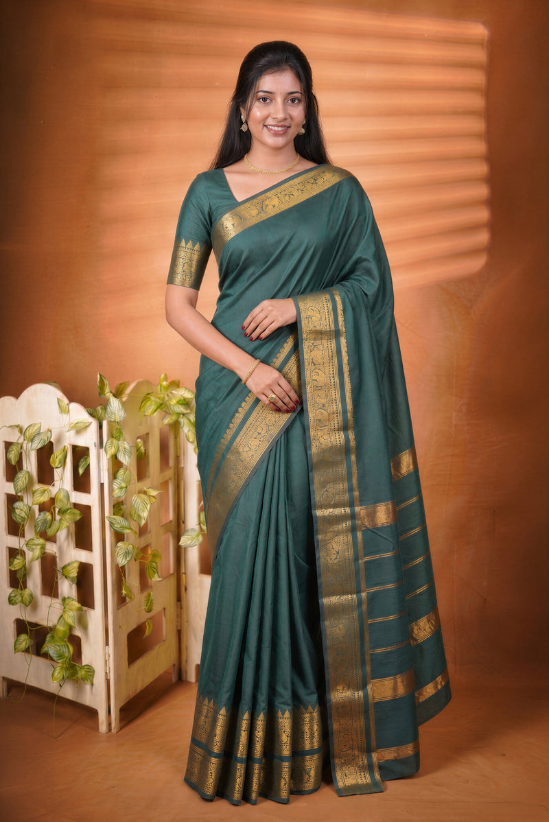 Chettinad Cotton Saree | Bottle Green with Wide Gold Zari Temple Border & Pallu | Daily & Festive Wear