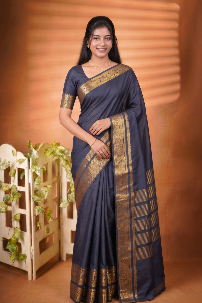 Chettinad Cotton Saree | Navy Blue with Wide Gold Zari Temple Border & Pallu | Daily & Festive Wear