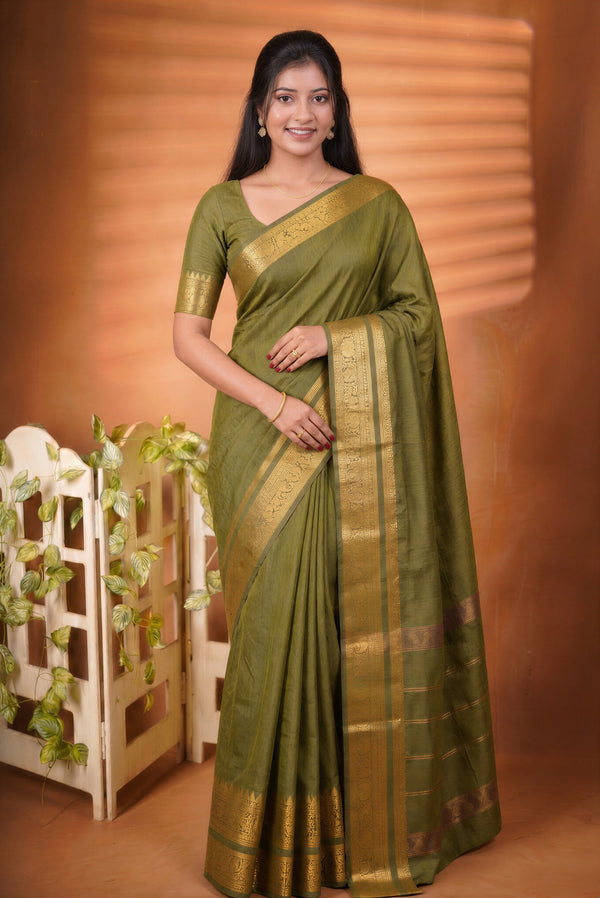 Chettinad Cotton Saree | Moss Green with Wide Gold Zari Temple Border & Pallu | Daily & Festive Wear