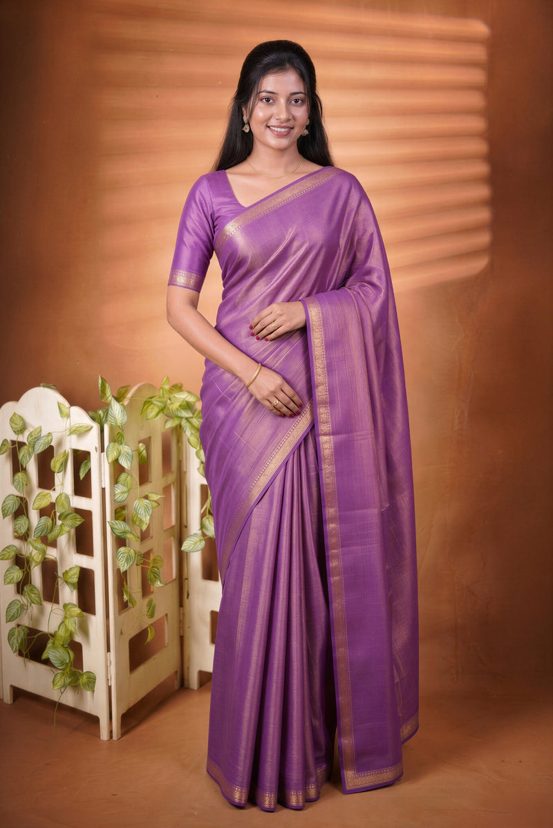 Chungudi Style Tissue Saree | Lavender Purple Plain Body with Gold Zari Trim | Wedding Guest Wear