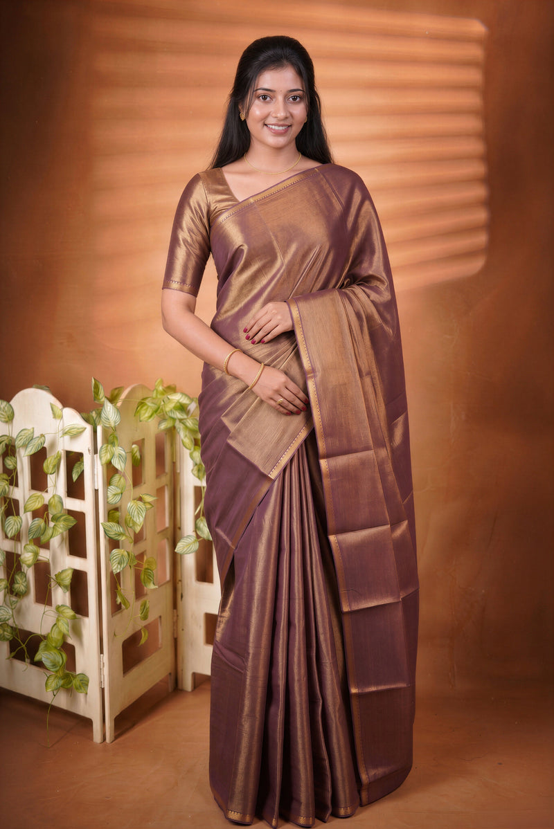 Chungudi Tissue Saree | Dusty Purple with Golden Shimmer & Narrow Zari Border | Festive & Pooja Wear