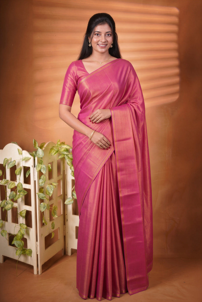 Chungudi Tissue Saree | Rani Pink with Golden Shimmer & Narrow Zari Border | Festive & Pooja Wear