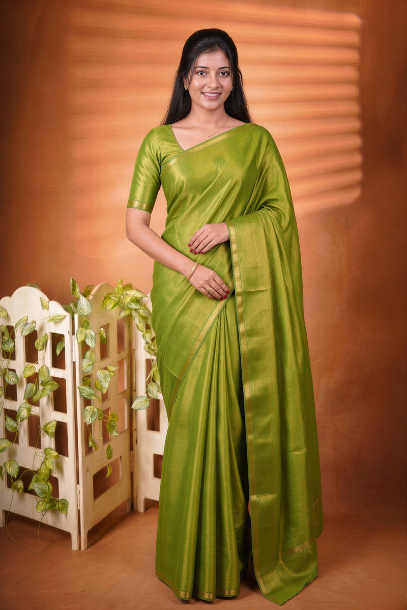 Chungudi Tissue Saree | Olive Green with Golden Shimmer & Narrow Zari Border | Festive & Pooja Wear