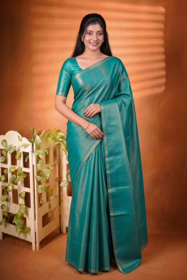 Chungudi Tissue Saree | Teal Green with Golden Shimmer & Narrow Zari Border | Festive & Pooja Wear
