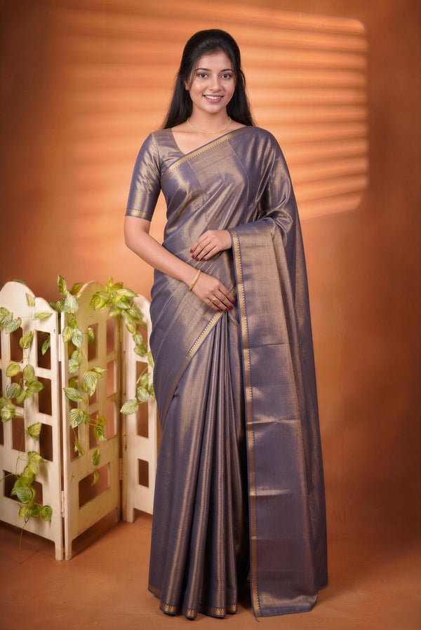 Chungudi Tissue Saree | Slate Grey with Golden Shimmer & Narrow Zari Border | Festive & Pooja Wear