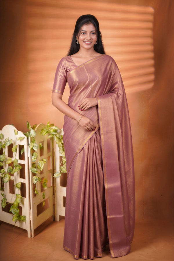 Chungudi Tissue Saree | Dusty Rose Pink with Golden Shimmer & Narrow Zari Border | Festive & Pooja Wear