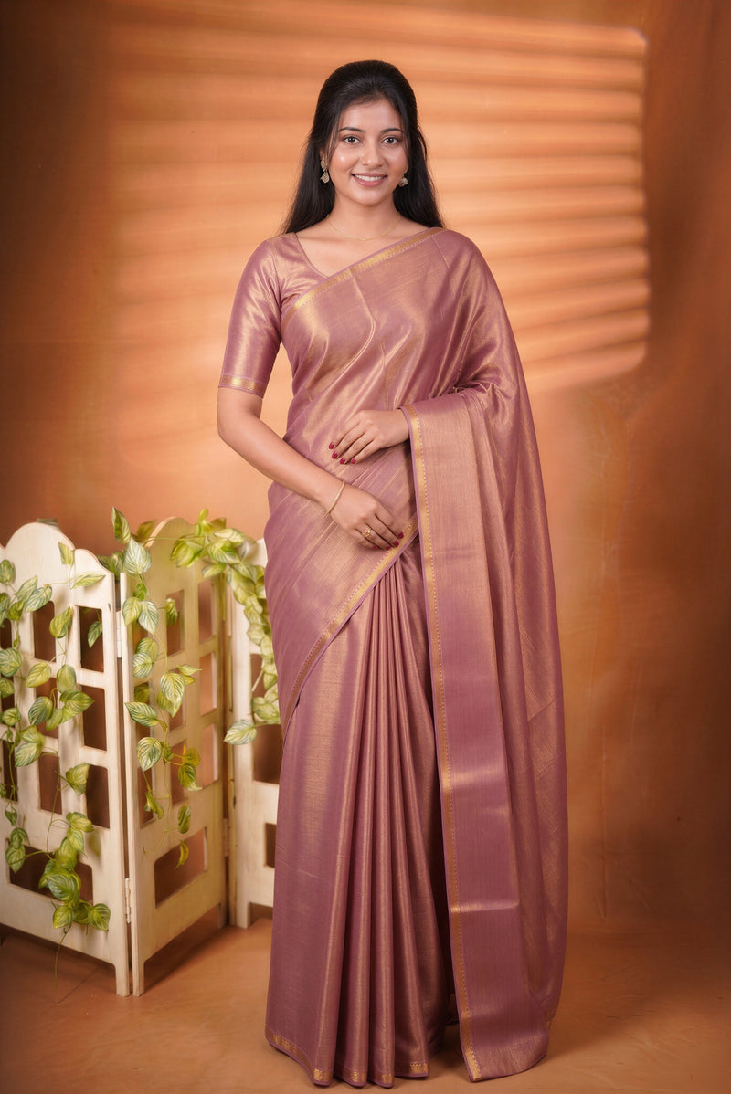 Chungudi Tissue Saree | Dusty Rose Pink with Golden Shimmer & Narrow Zari Border | Festive & Pooja Wear