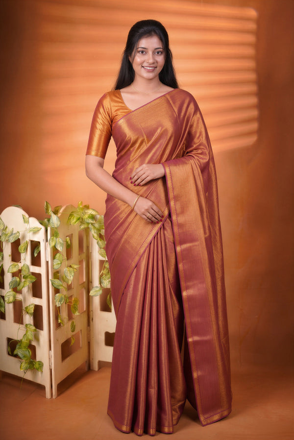 Chungudi Tissue Saree | Rust Maroon with Copper Golden Shimmer & Narrow Zari Border | Festive & Pooja Wear