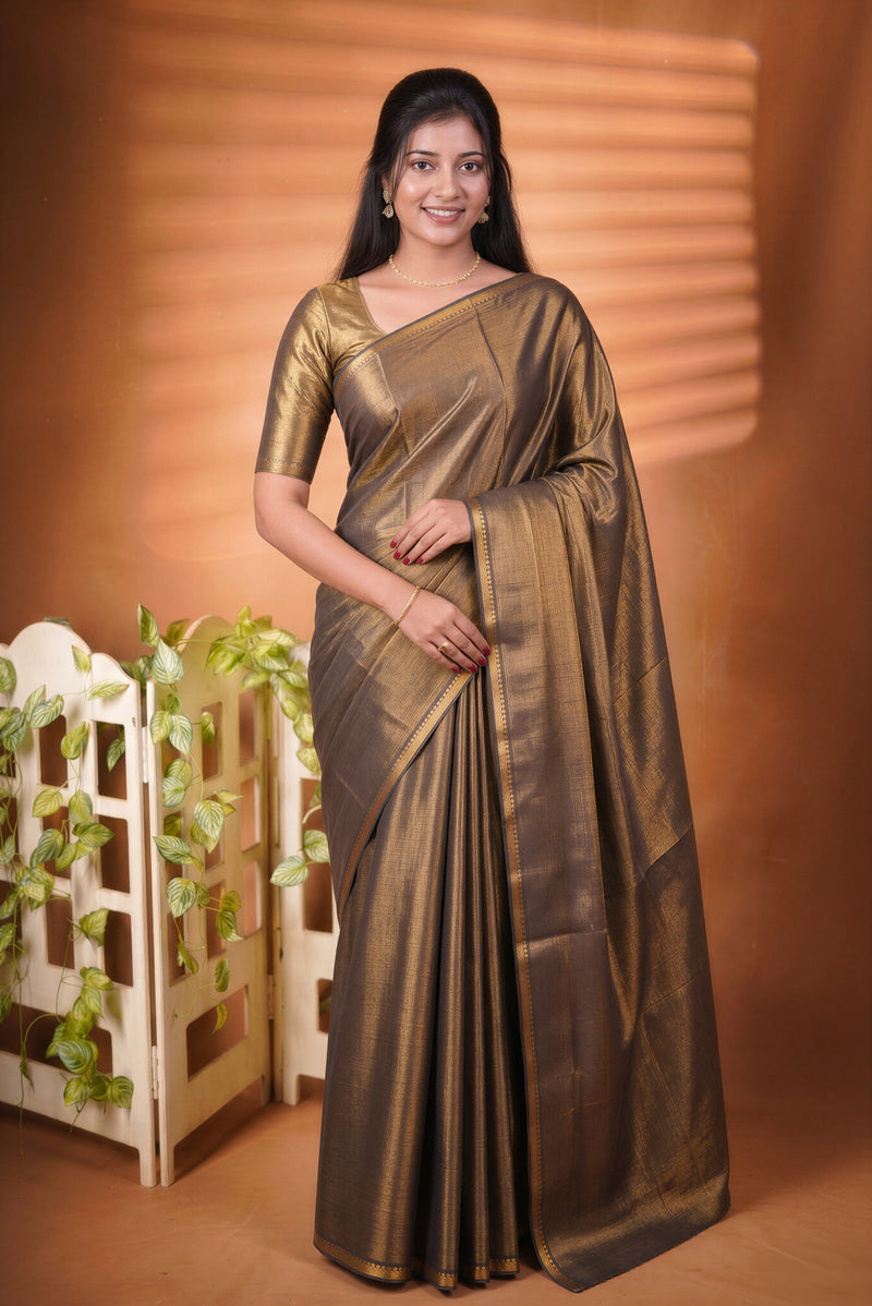 Antique Gold Tissue Saree | Metallic Gold Shimmer with Woven Zari Border | Traditional Chungudi Style Wear