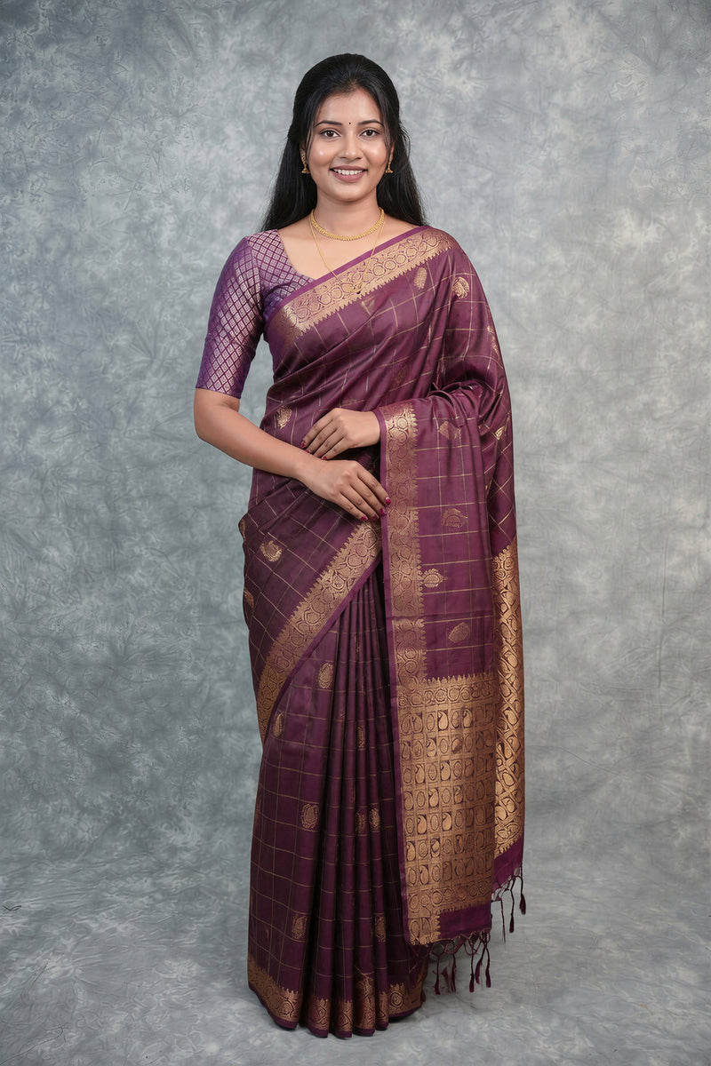 A woman modeling a purple and gold Banarasi silk saree against a textured gray studio backdrop.