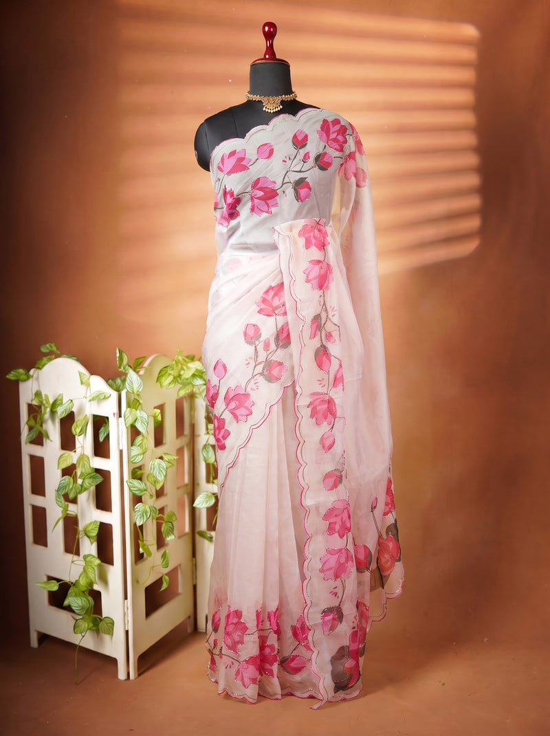 Cream Organza Silk Saree | Pink Lotus Print with Scalloped Cutwork Border & Sequin Detail | Party & Festive Wear