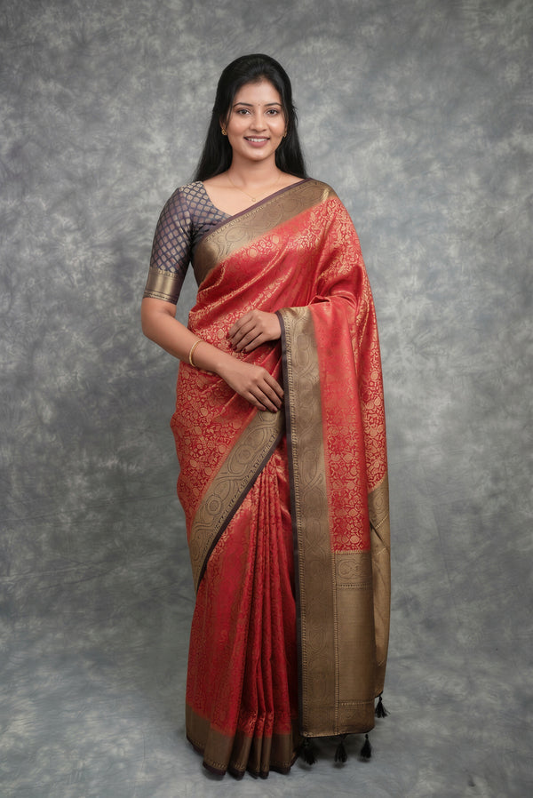 Coral Red Banarasi Handloom Silk Saree | All-Over Gold Brocade Body | Bridal Wedding Festive Wear