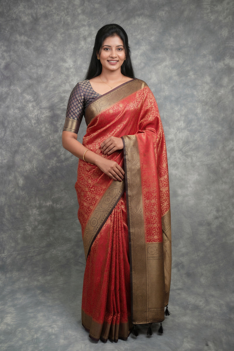 Coral Red Banarasi Handloom Silk Saree | All-Over Gold Brocade Body | Bridal Wedding Festive Wear