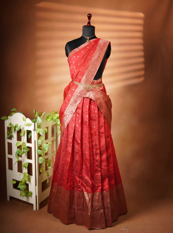 A red and gold saree displayed on a black mannequin dress form, set against a warm brown studio backdrop with decorative shadow bands and a small white plant stand on the left.