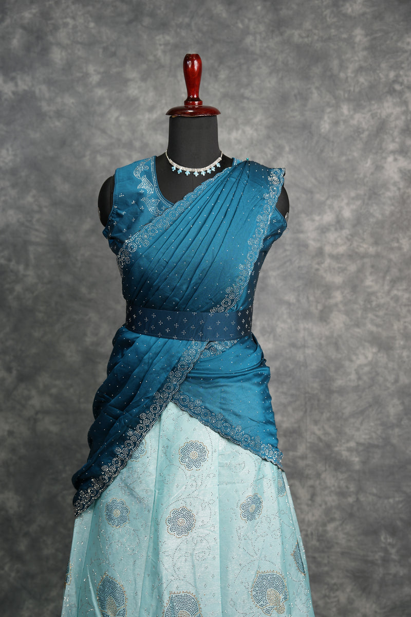 Peacock Blue with Aqua Blue Lehenga A beautiful blend of rich peacock blue and soft aqua blue shades with elegant detailing, crafted for a graceful festive and wedding look
