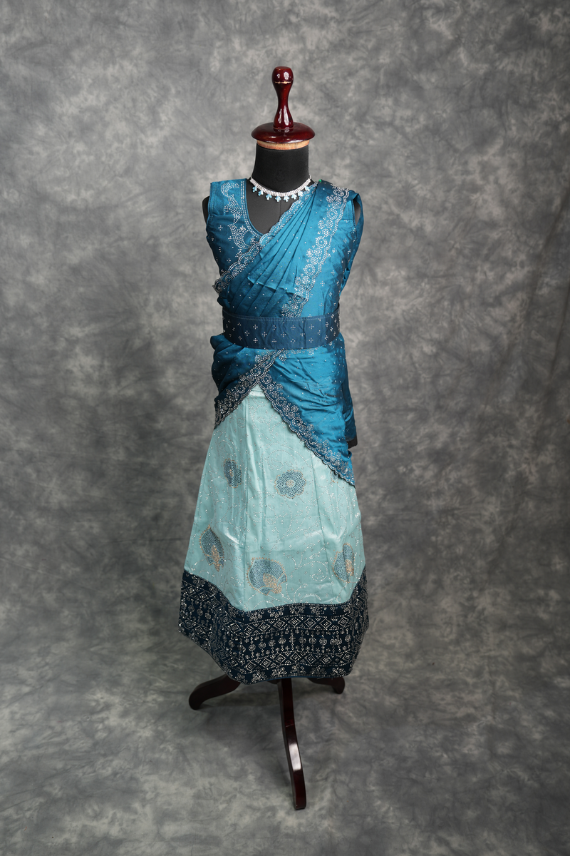 Peacock Blue with Aqua Blue Lehenga A beautiful blend of rich peacock blue and soft aqua blue shades with elegant detailing, crafted for a graceful festive and wedding look