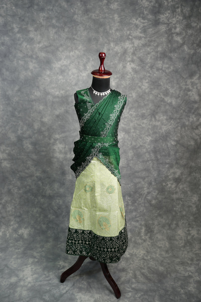 Elegant Green with Dark Green Lehenga featuring rich designer detailing, premium layered drape style, sparkling stone work, graceful festive appearance, stylish traditional outfit for girls, perfect for weddings, receptions & special occasions