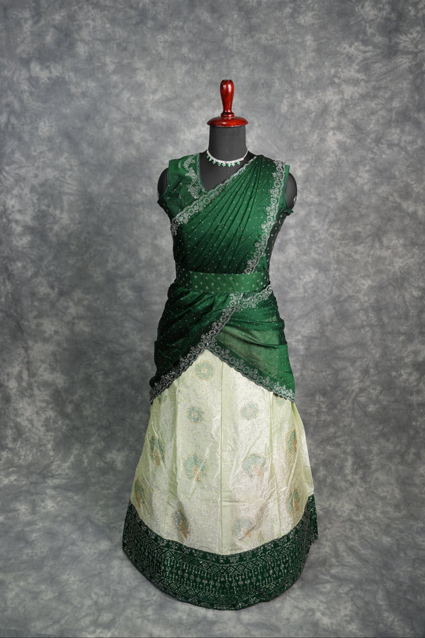 Elegant Green with Dark Green Lehenga featuring rich designer detailing, premium layered drape style, sparkling stone work, graceful festive appearance, stylish traditional outfit for girls, perfect for weddings, receptions & special occasions