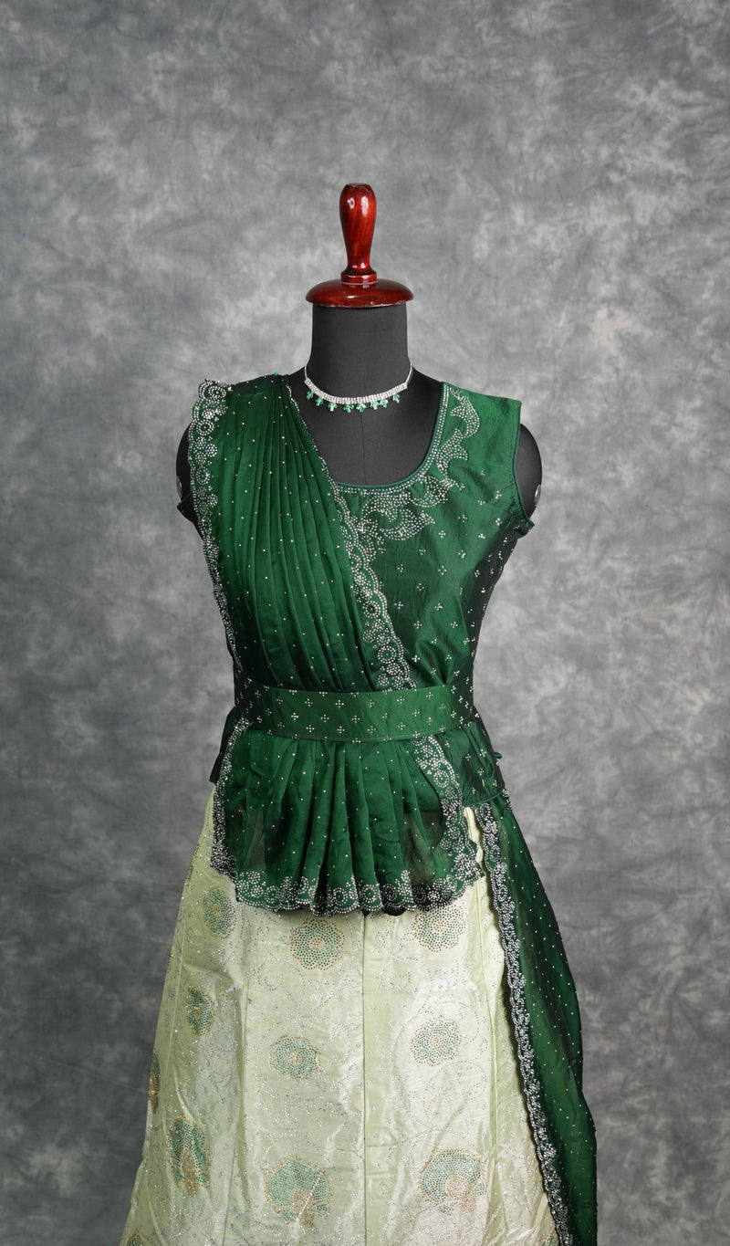 Elegant Green with Dark Green Lehenga featuring rich designer detailing, premium layered drape style, sparkling stone work, graceful festive appearance, stylish traditional outfit for girls, perfect for weddings, receptions & special occasions