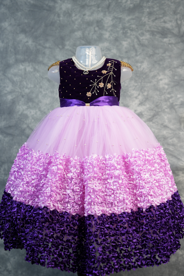 Grape Purple with Pink Frock for Baby Girls 1–3 Years Cute Floral Layered Dress Soft Comfort Fit Birthday Party Wear Festive & Casual Ethnic Style Velvet Tulle Infant Toddler Kids Fashion Clothing