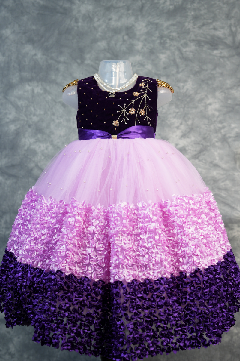 Grape Purple with Pink Frock for Baby Girls 1–3 Years Cute Floral Layered Dress Soft Comfort Fit Birthday Party Wear Festive & Casual Ethnic Style Velvet Tulle Infant Toddler Kids Fashion Clothing