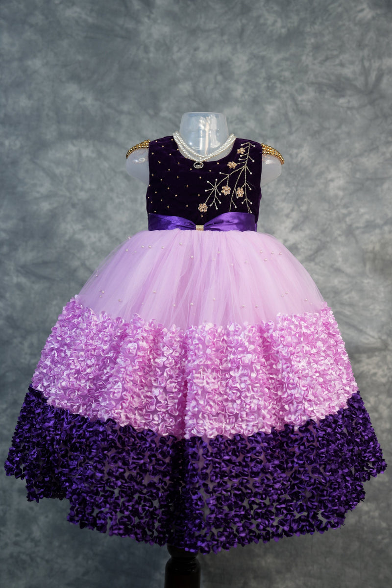 Grape Purple with Pink Frock for Baby Girls 1–3 Years Cute Floral Layered Dress Soft Comfort Fit Birthday Party Wear Festive & Casual Ethnic Style Velvet Tulle Infant Toddler Kids Fashion Clothing