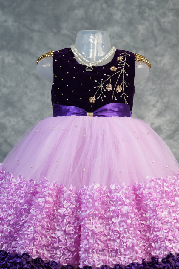 Grape Purple with Pink Frock for Baby Girls 1–3 Years Cute Floral Layered Dress Soft Comfort Fit Birthday Party Wear Festive & Casual Ethnic Style Velvet Tulle Infant Toddler Kids Fashion Clothing