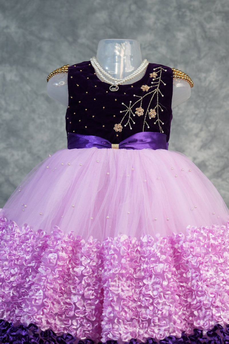Grape Purple with Pink Frock for Baby Girls 1–3 Years Cute Floral Layered Dress Soft Comfort Fit Birthday Party Wear Festive & Casual Ethnic Style Velvet Tulle Infant Toddler Kids Fashion Clothing