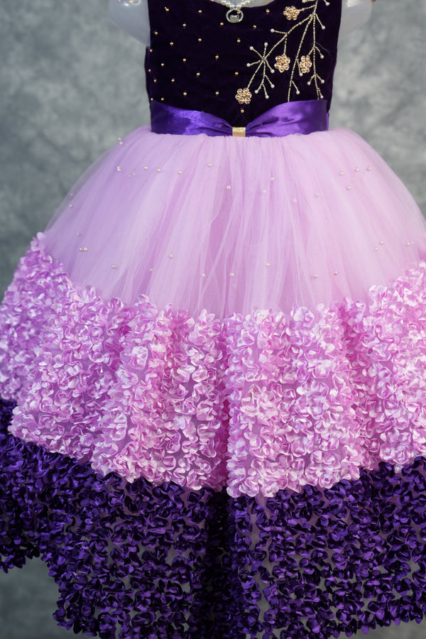 Grape Purple with Pink Frock for Baby Girls 1–3 Years Cute Floral Layered Dress Soft Comfort Fit Birthday Party Wear Festive & Casual Ethnic Style Velvet Tulle Infant Toddler Kids Fashion Clothing
