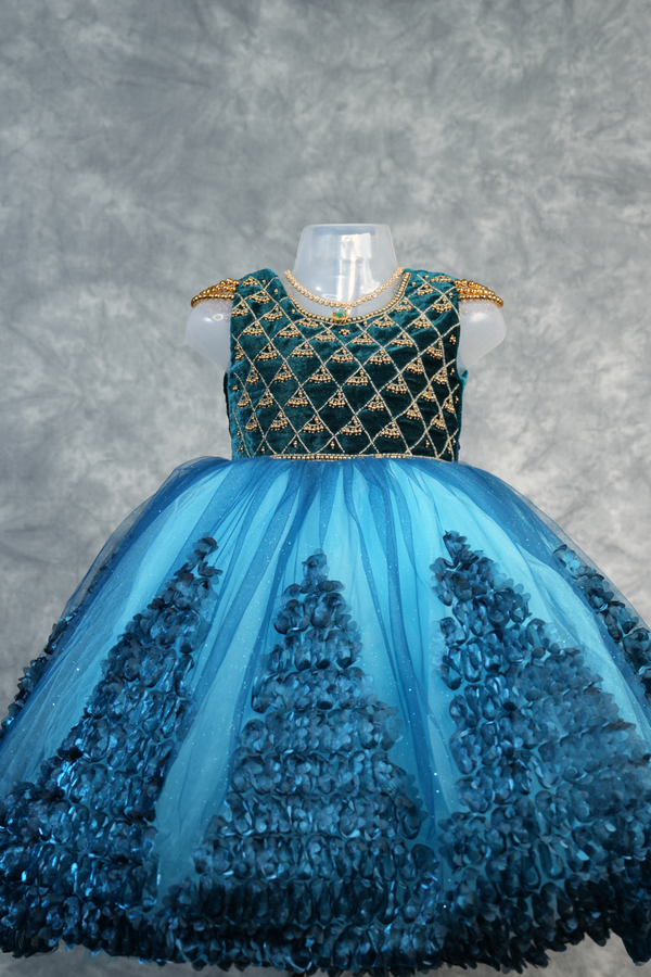 Deep Teal with Peacock Blue Frock for Baby Girls 1–3 Years Stunning teal velvet bodice with gold embroidery, vibrant peacock blue 3D rosette skirt & satin bow. Perfect for birthdays & parties