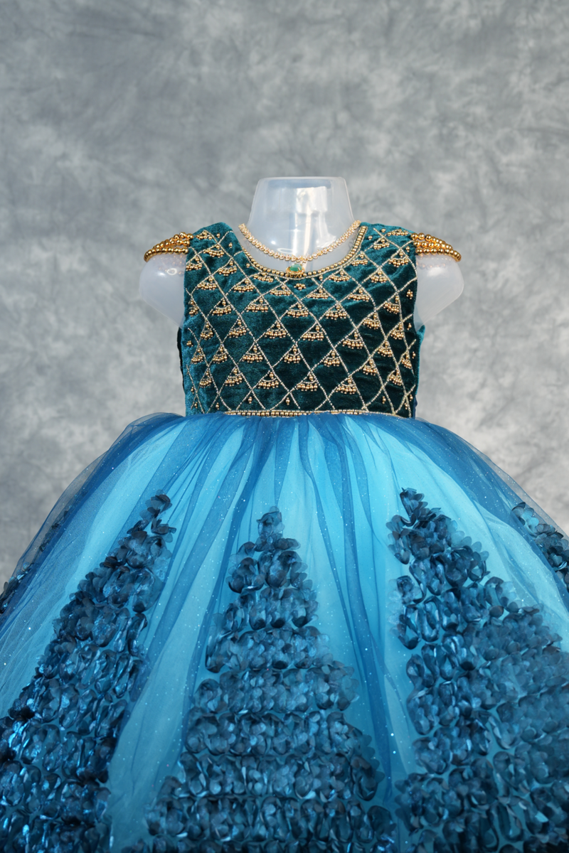 Deep Teal with Peacock Blue Frock for Baby Girls 1–3 Years Stunning teal velvet bodice with gold embroidery, vibrant peacock blue 3D rosette skirt & satin bow. Perfect for birthdays & parties