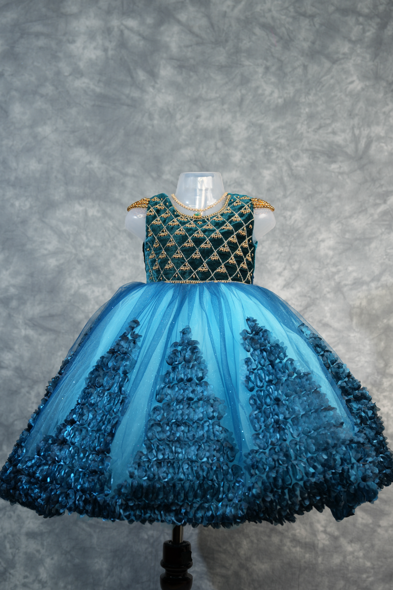 Deep Teal with Peacock Blue Frock for Baby Girls 1–3 Years Stunning teal velvet bodice with gold embroidery, vibrant peacock blue 3D rosette skirt & satin bow. Perfect for birthdays & parties