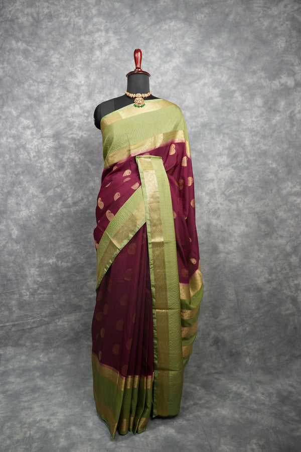 Semi Mysore Silk Saree in Deep Wine Purple with Gold Zari Paisley Buttas Broad Mehendi Green Antique Gold Zari Checked Border & Striped Zari Pallu Wedding Festival Silk