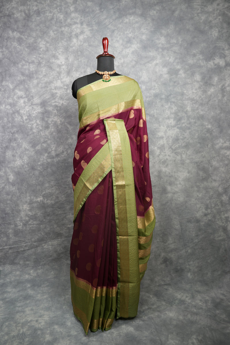 Semi Mysore Silk Saree in Deep Wine Purple with Gold Zari Paisley Buttas Broad Mehendi Green Antique Gold Zari Checked Border & Striped Zari Pallu Wedding Festival Silk