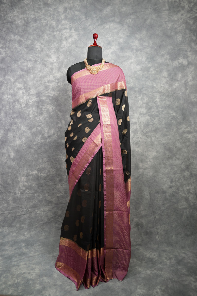 Semi Mysore Silk Saree in Jet Black with Large Antique Rose Gold Zari Paisley Mango Buttas  Broad Mauve Dusty Pink Rose Gold Zari Checked Border Horizontal Striped Zari Pallu Bridal Wedding Silk