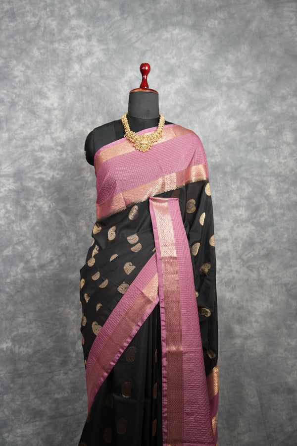 Semi Mysore Silk Saree in Jet Black with Large Antique Rose Gold Zari Paisley Mango Buttas  Broad Mauve Dusty Pink Rose Gold Zari Checked Border Horizontal Striped Zari Pallu Bridal Wedding Silk