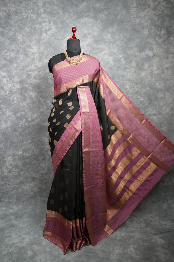 Semi Mysore Silk Saree in Jet Black with Large Antique Rose Gold Zari Paisley Mango Buttas  Broad Mauve Dusty Pink Rose Gold Zari Checked Border Horizontal Striped Zari Pallu Bridal Wedding Silk