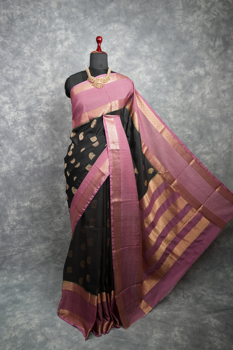 Semi Mysore Silk Saree in Jet Black with Large Antique Rose Gold Zari Paisley Mango Buttas  Broad Mauve Dusty Pink Rose Gold Zari Checked Border Horizontal Striped Zari Pallu Bridal Wedding Silk