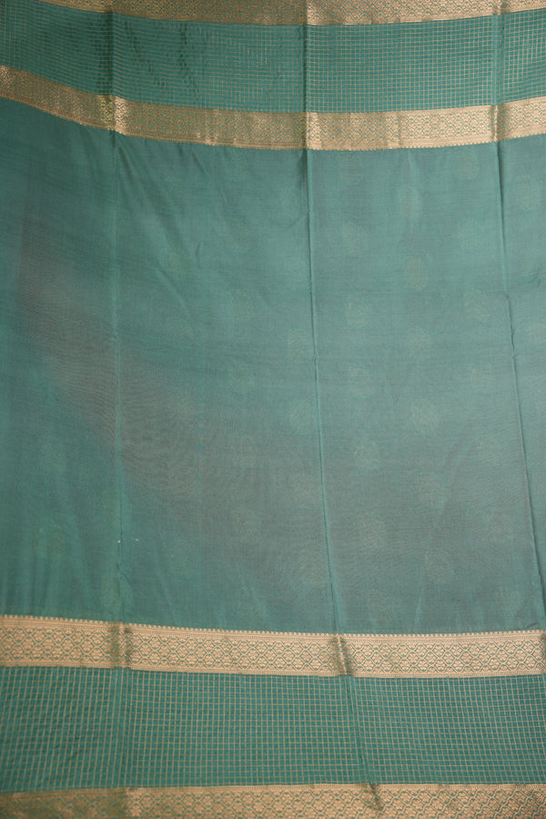 Semi Mysore Silk Saree in Vibrant Orange Red with Large Paisley Zari Buttas, Broad Teal Peacock Green Antique Gold Zari Checked Border, Striped Zari Pallu Perfect Wedding & Festival Wear Silk Saree