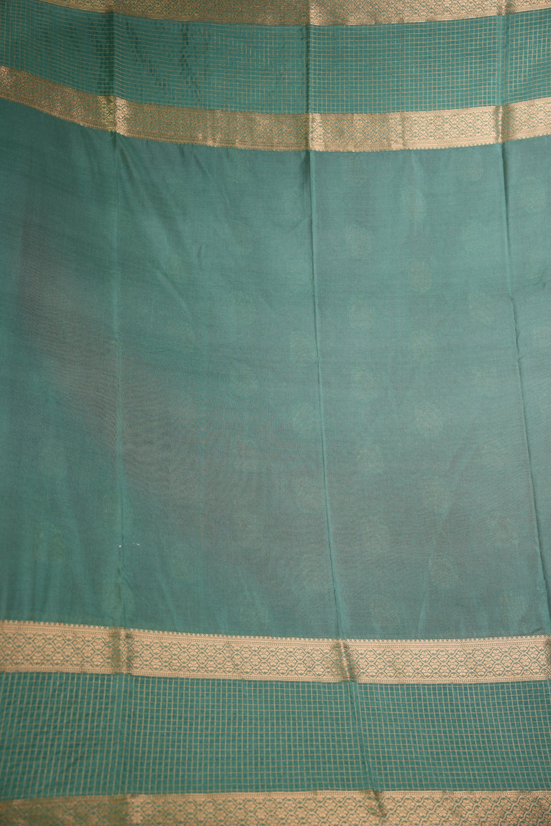 Semi Mysore Silk Saree in Vibrant Orange Red with Large Paisley Zari Buttas, Broad Teal Peacock Green Antique Gold Zari Checked Border, Striped Zari Pallu Perfect Wedding & Festival Wear Silk Saree