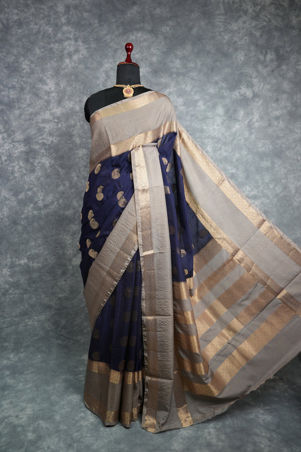 Semi Mysore Silk Saree Royal Navy Blue Body with Antique Gold Zari Paisley Mango Buttas Broad Silver Grey Gold Zari Checked Border & Horizontal Striped Zari Pallu Wedding