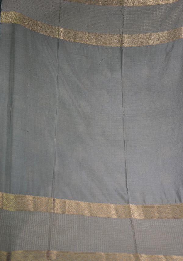 Semi Mysore Silk Saree Royal Navy Blue Body with Antique Gold Zari Paisley Mango Buttas Broad Silver Grey Gold Zari Checked Border & Horizontal Striped Zari Pallu Wedding