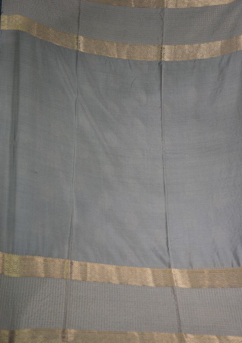 Semi Mysore Silk Saree Royal Navy Blue Body with Antique Gold Zari Paisley Mango Buttas Broad Silver Grey Gold Zari Checked Border & Horizontal Striped Zari Pallu Wedding