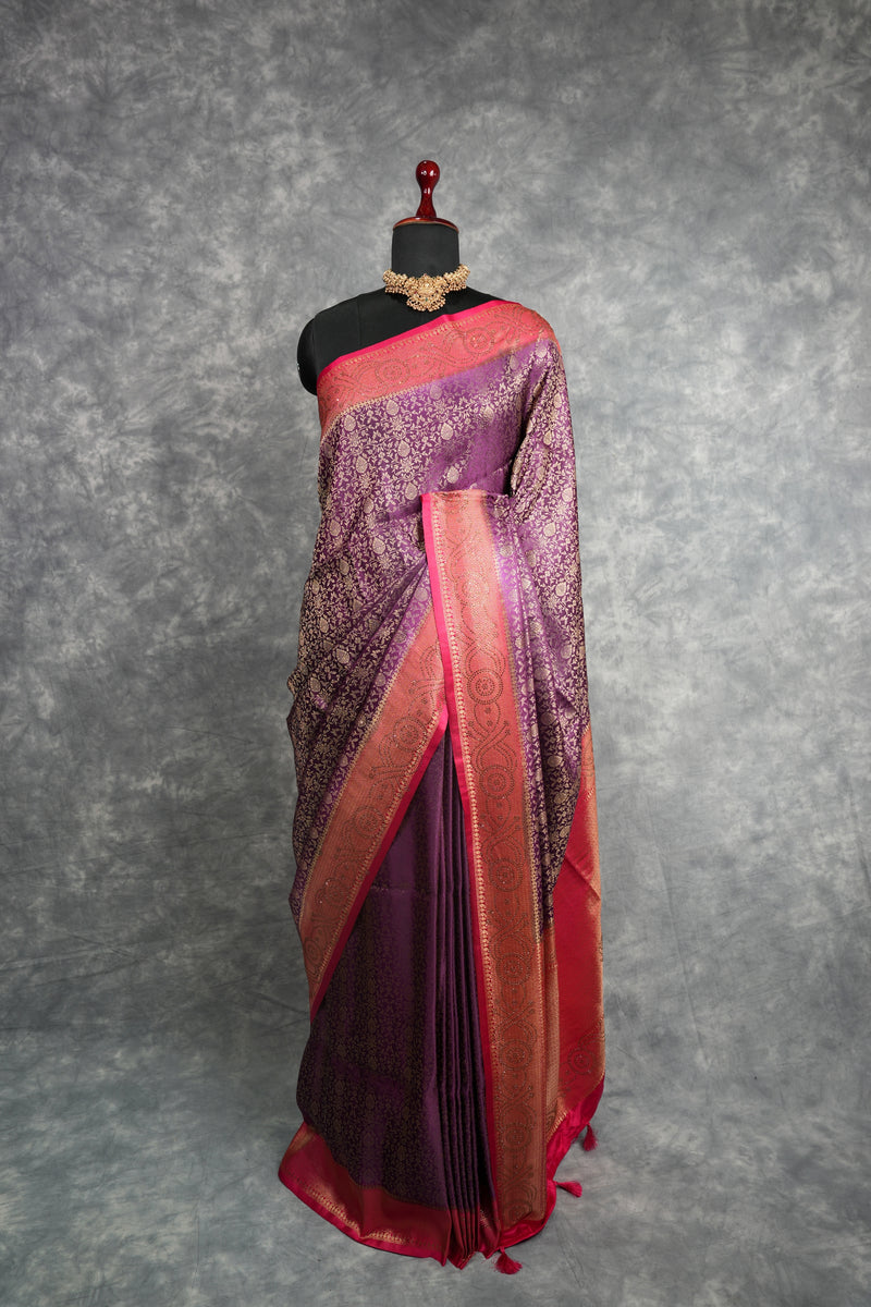 Deep Royal Purple Banarasi Silk Saree with Rani Pink Border & Antique Gold Zari Weave – All-Over Floral Brocade Body, Heavy Designer Pallu & Matching Blouse Perfect for Weddings & Festive Occasions