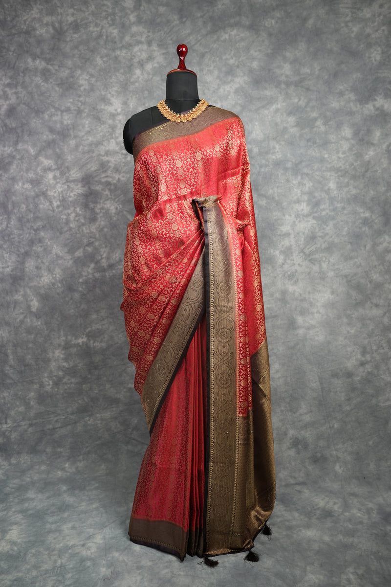 Coral Red Banarasi Handloom Silk Saree – Dark Espresso Brown Heavy Zari Border, All-Over Gold Brocade Body & Rich Pallu with Matching Blouse Bridal Wedding Festive Traditional Collection