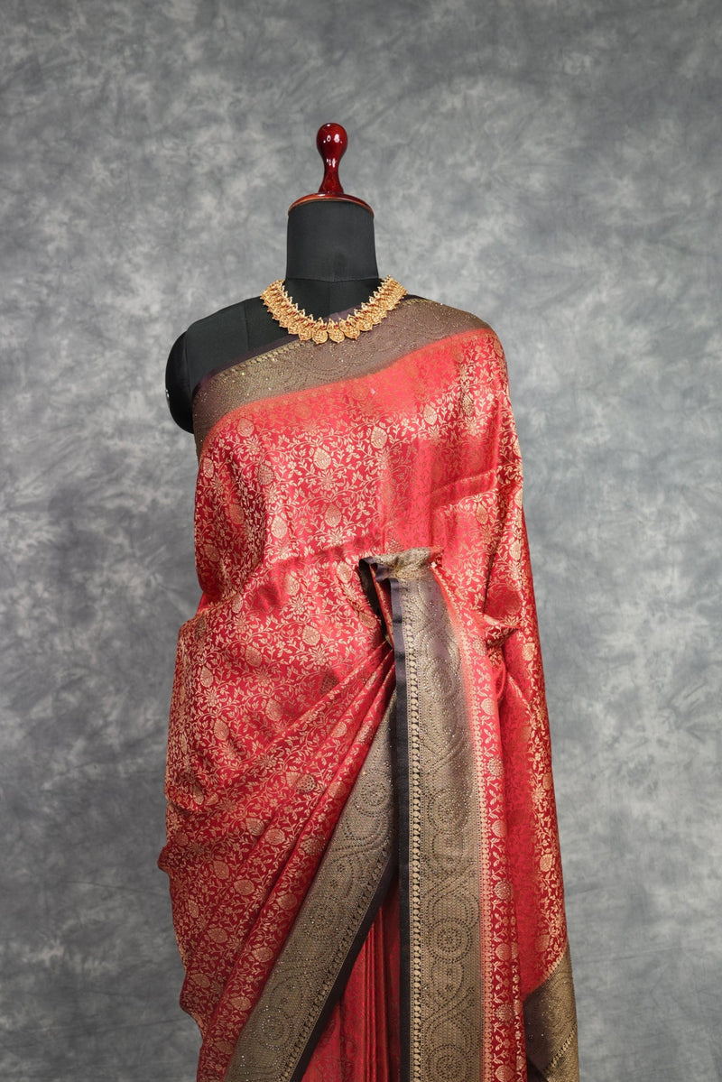 Coral Red Banarasi Handloom Silk Saree – Dark Espresso Brown Heavy Zari Border, All-Over Gold Brocade Body & Rich Pallu with Matching Blouse Bridal Wedding Festive Traditional Collection