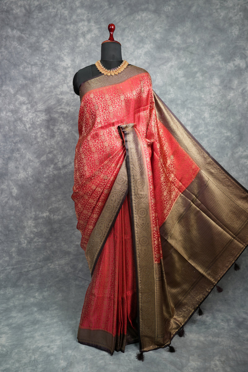 Coral Red Banarasi Handloom Silk Saree – Dark Espresso Brown Heavy Zari Border, All-Over Gold Brocade Body & Rich Pallu with Matching Blouse Bridal Wedding Festive Traditional Collection