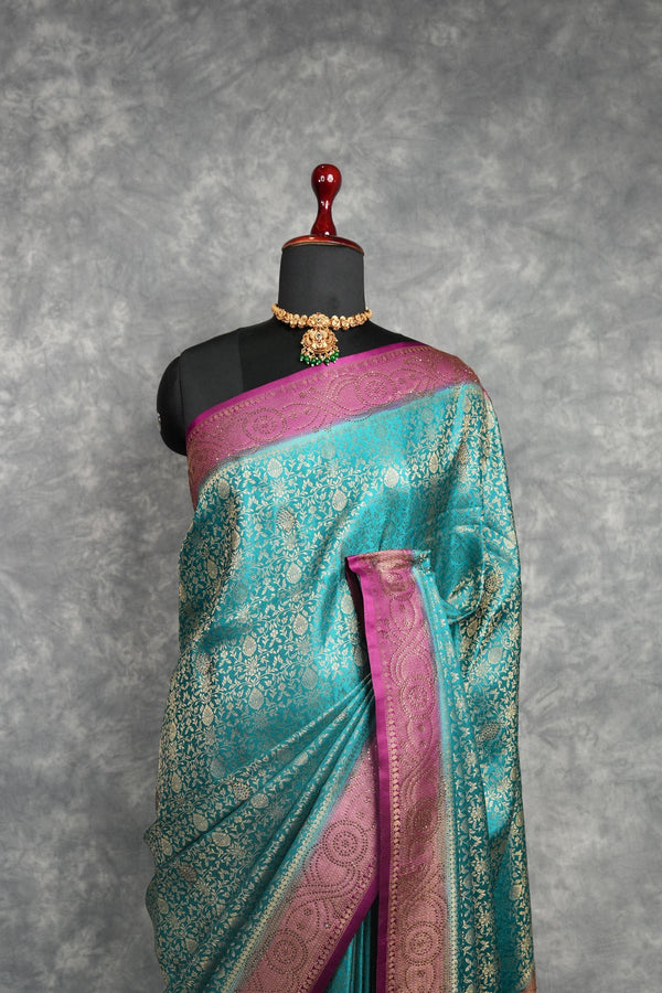 Teal Peacock Banarasi Silk Saree with Magenta Border & Rich Antique Gold Zari Weave – Elegant Pallu with Intricate Brocade Work, Paired with Matching Blouse | Perfect for Weddings & Festive Occasions