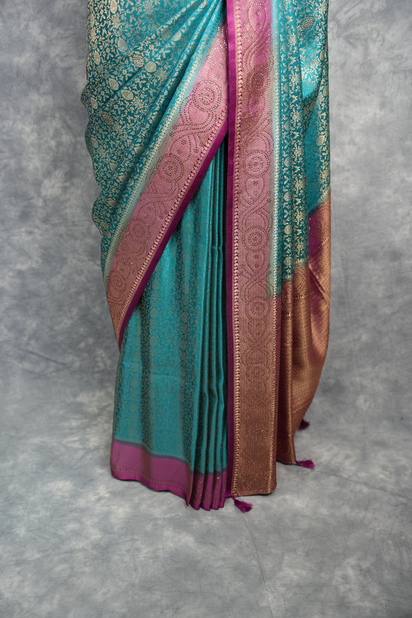 Teal Peacock Banarasi Silk Saree with Magenta Border & Rich Antique Gold Zari Weave – Elegant Pallu with Intricate Brocade Work, Paired with Matching Blouse | Perfect for Weddings & Festive Occasions