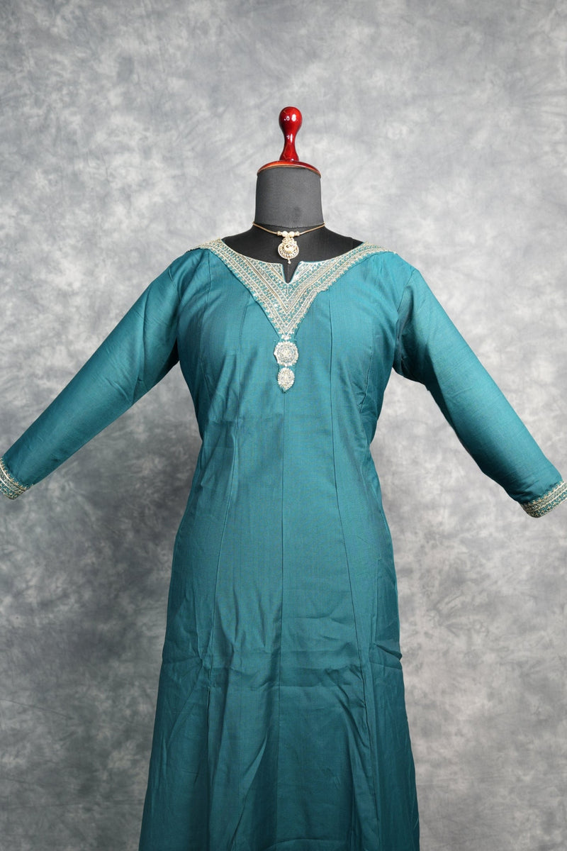 Deep Teal Anarkali Churidar Set - Stunning deep teal silk anarkali with gold zari embroidery, sequin work & rich embellished borders. A graceful, festive pick for weddings & celebrations.